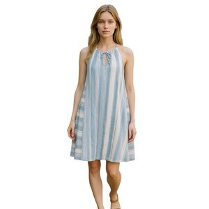 Lou & Grey blue & white patchwork strip pattern linen A-line dress size M
